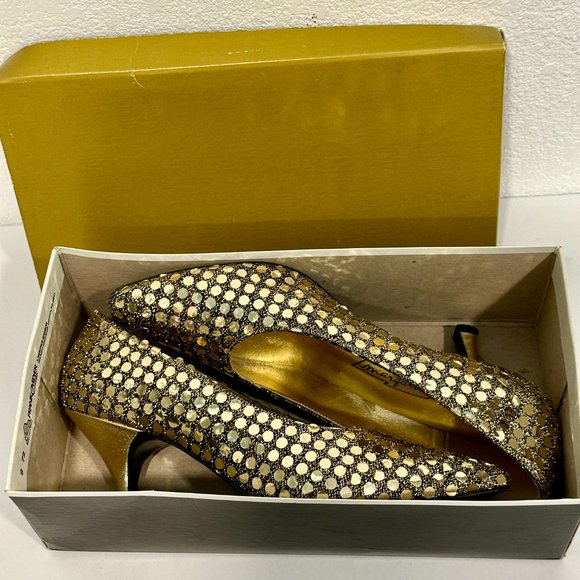 Vintage 70s Marquise Heels Black with Gold Sequins Formal Pumps Womens Size 9 M - Picture 7 of 8